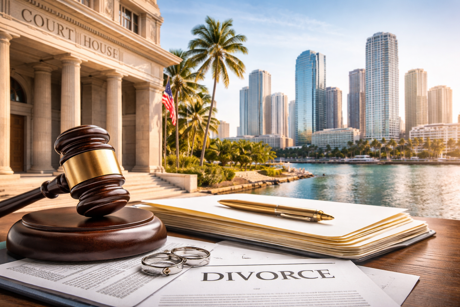 Who files first in a Florida divorce legal concept with courthouse, gavel, divorce papers and Miami skyline
