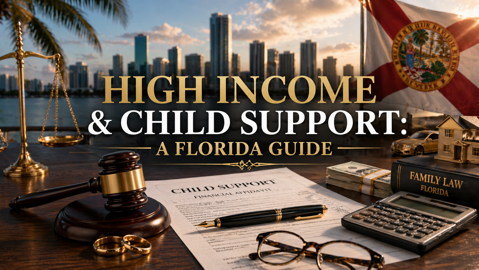 Headline 'HIGH INCOME & CHILD SUPPORT: A FLORIDA GUIDE' above a desk with a gavel, scales, cash, a house model, and a Florida flag.