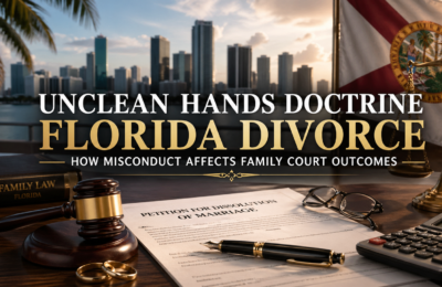 Unclean Hands Doctrine Florida Divorce- How Misconduct Affects Family Court Outcomes | Divorce Attorney in Miami, Florida | Law Firm of Jeffrey Alan Aenlle, PLLC Banner with Florida divorce theme: gavel, scales of justice, and a marriage dissolution petition on a desk with city skyline in the background.