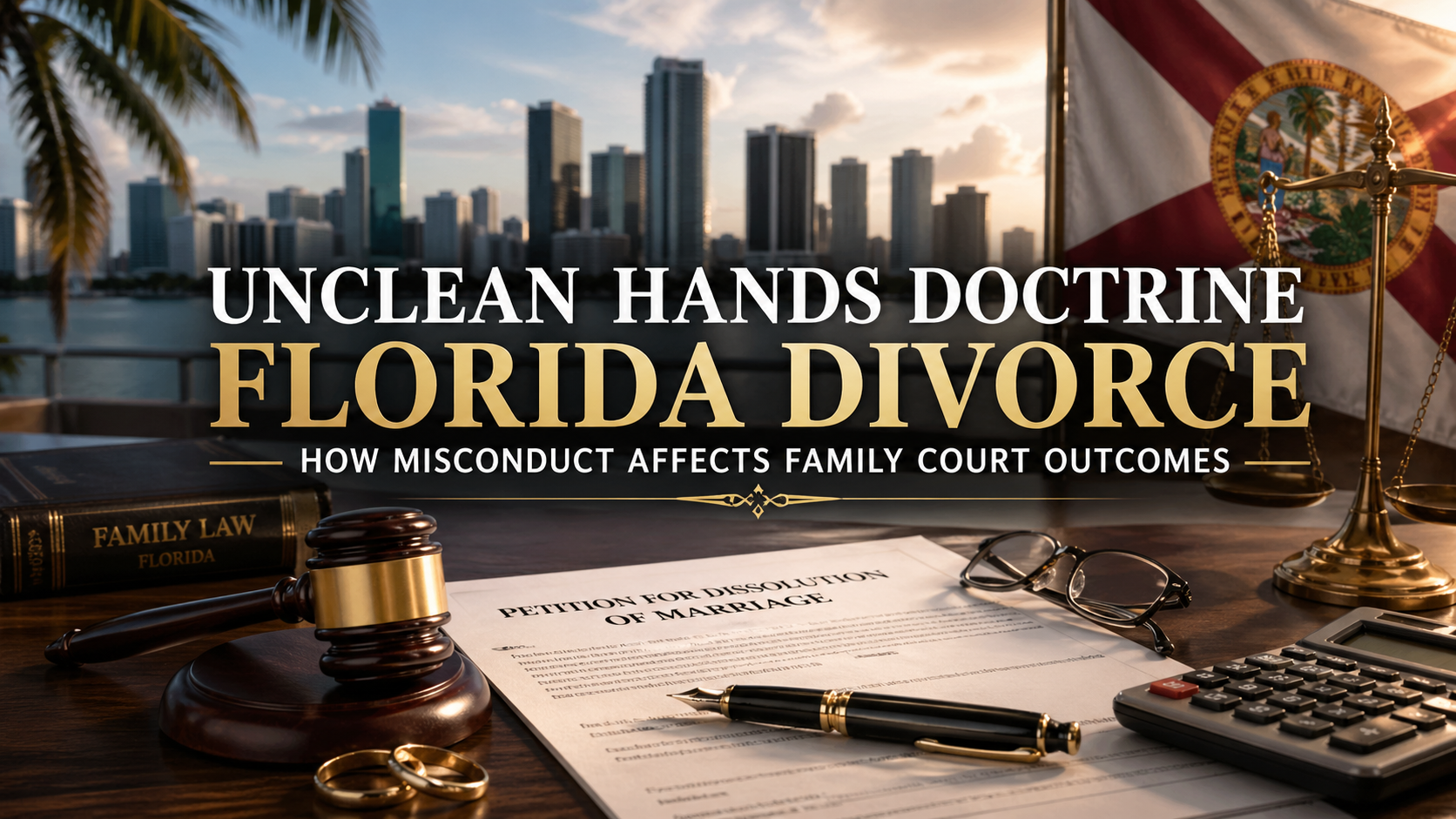 Banner with Florida divorce theme: gavel, scales of justice, and a marriage dissolution petition on a desk with city skyline in the background.