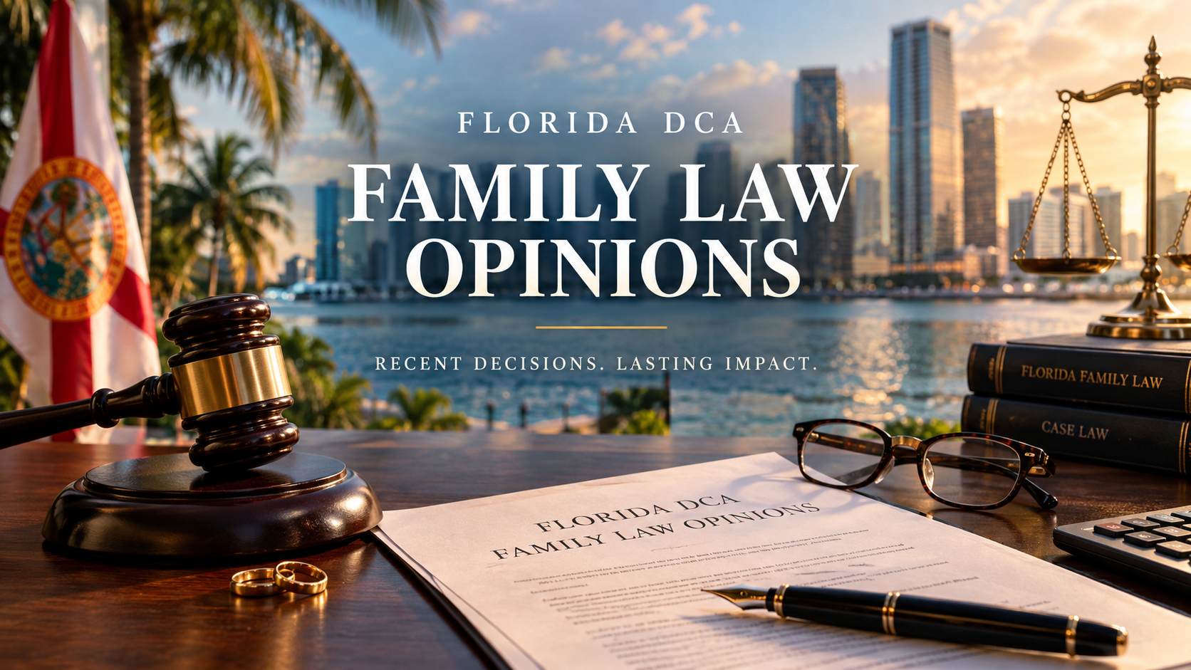Florida DCA Family Law Opinions headline over a desk with a gavel, wedding rings and legal papers, with the Miami skyline across Biscayne Bay